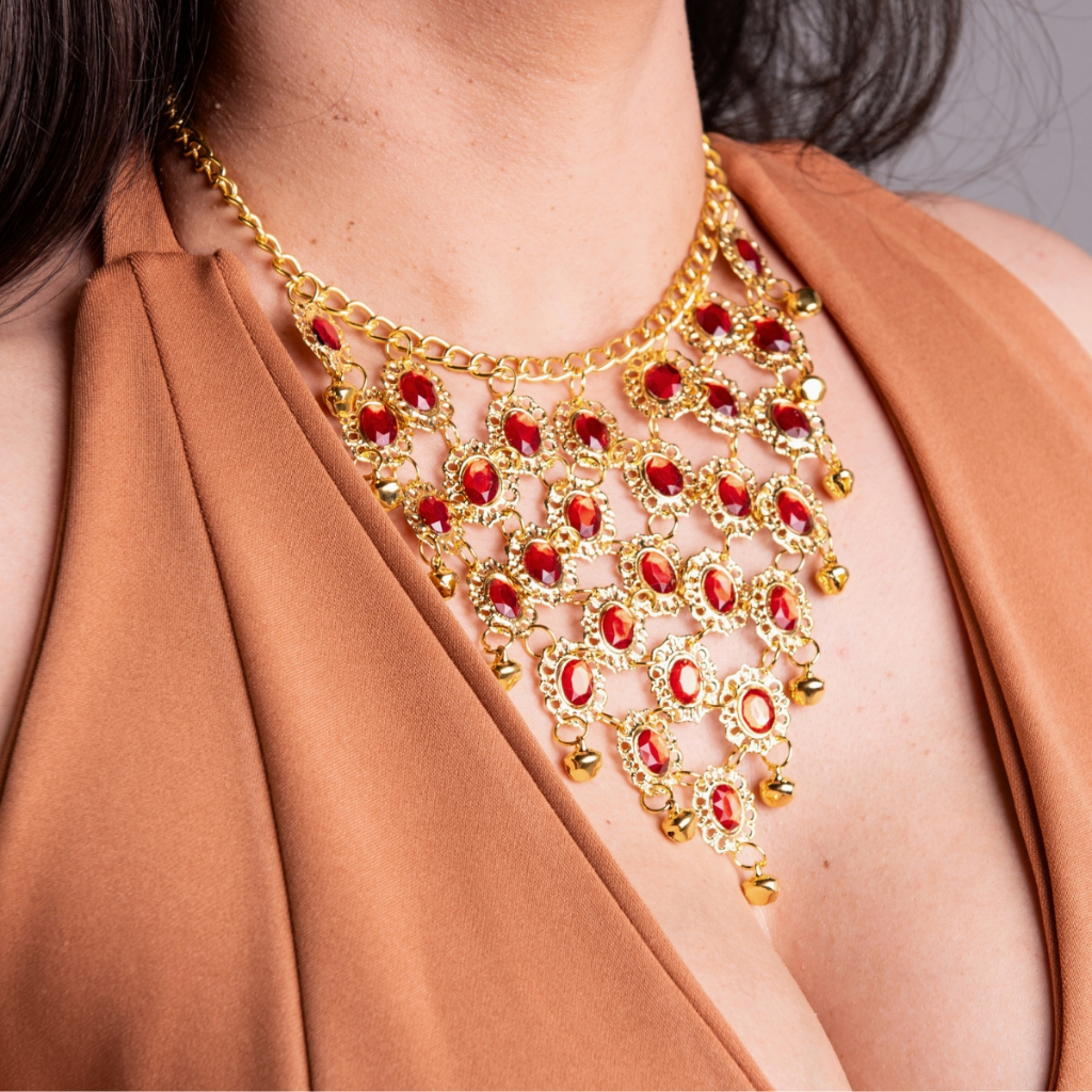 Colar Dourado Com Pedras Vermelhas Dança do Ventre/Cigana/Indiana em Oferta na Shopee