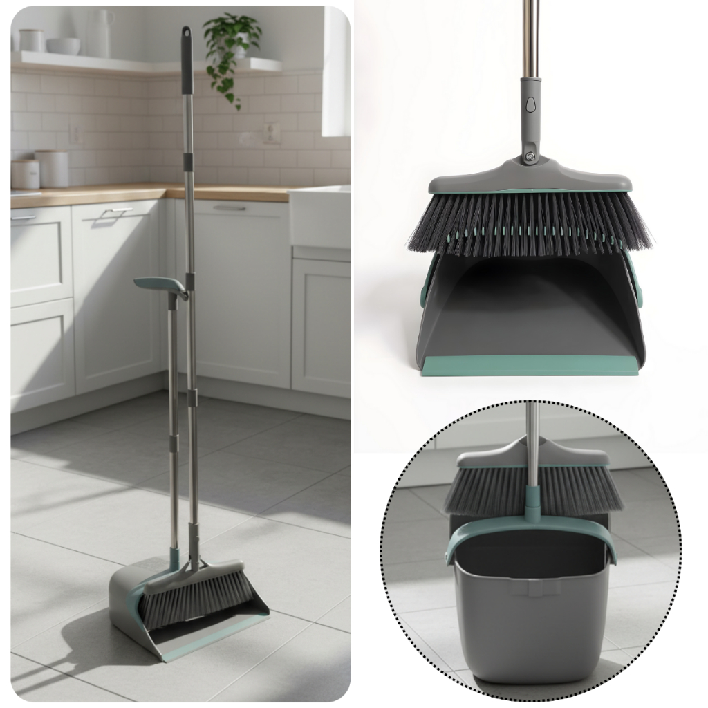 Kit Vassoura e Pá Ajustável 2in1 Com Limpa Cerdas Suporte Parede Compacto Ambientes Pequenos em Oferta na Shopee