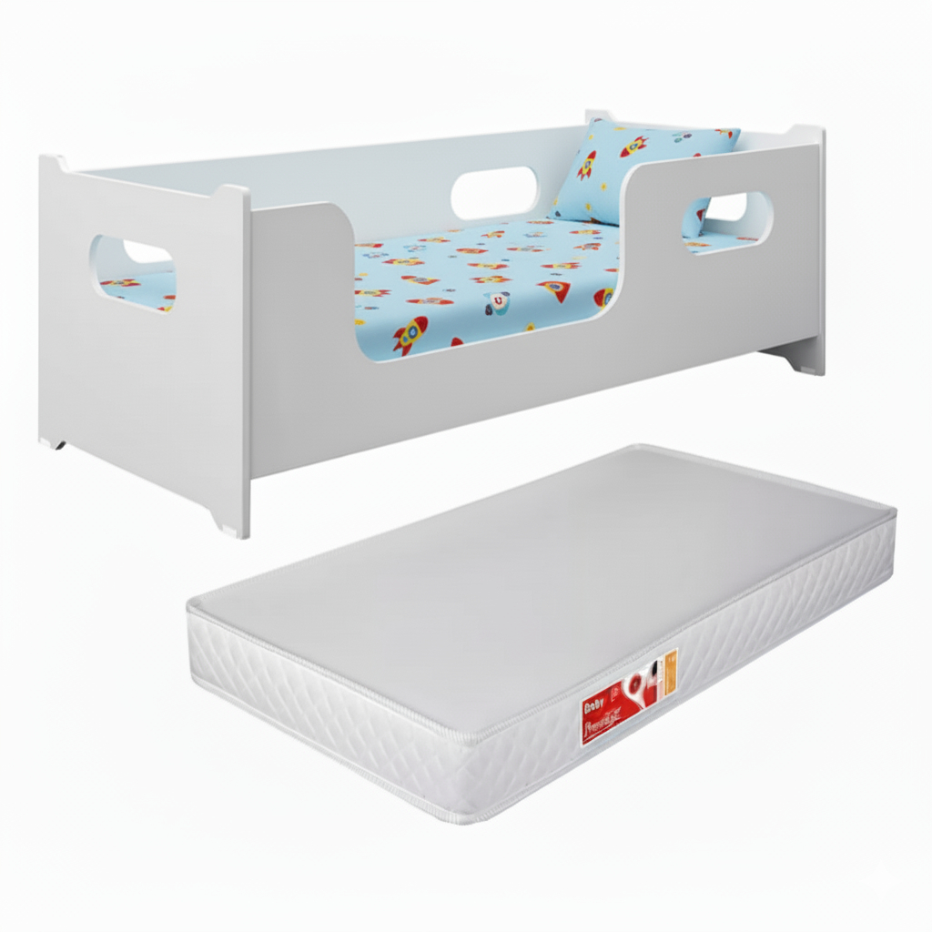 Cama Infantil Encanto Branco Com Colchão Incluso Grade Lateral Proteção Menina e Menino Quarto Montessoriana