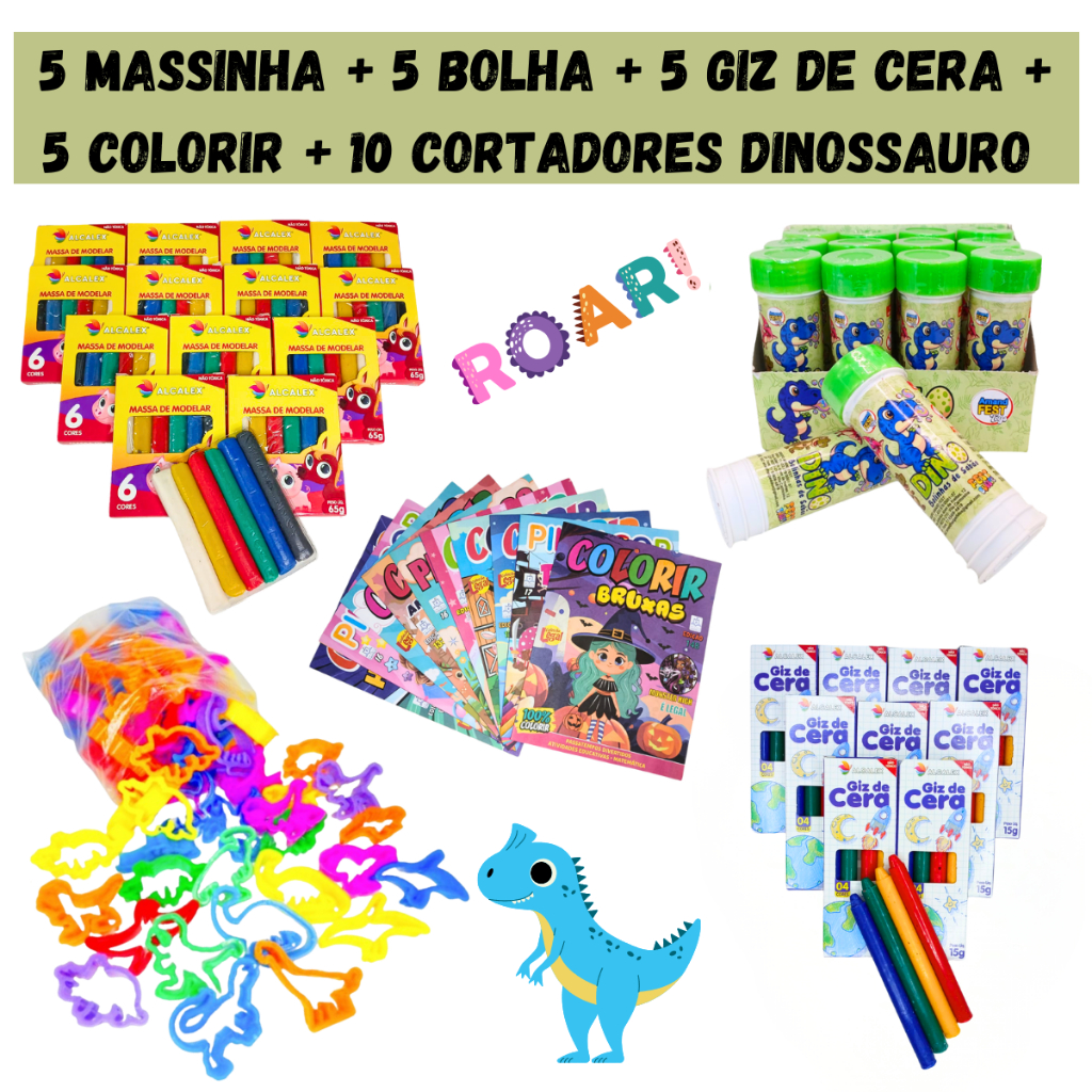 Kit 5 Massinha Modelar + 5 Bolha Sabão Dino + 5 Giz Cera + 10 Corta Dinossauro + 5 Colorir Lembrancinha Infantil em Oferta na Shopee