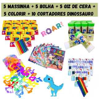 Kit 5 Massinha Modelar + 5 Bolha Sabão Dino + 5 Giz Cera + 10 Corta Dinossauro + 5 Colorir Lembrancinha Infantil em Oferta na Shopee