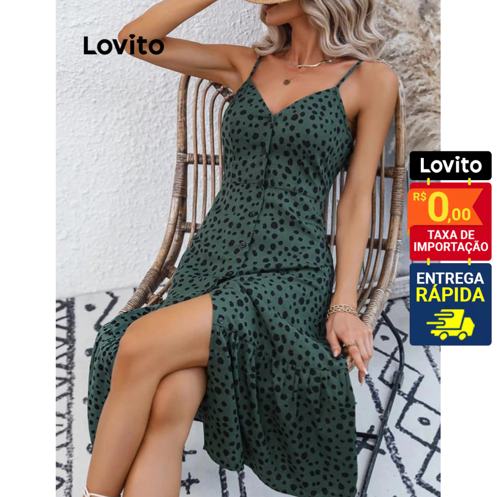 Lovito Vestido Feminino Midi de Alcinha e Botão Frontal com Estampa Bolinhas DRB4BR079 em Oferta na Shopee