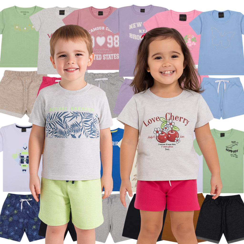 Kit 3 Conjunto 6 Peças Estampado Sortido Menino e Menina Infantil Juvenil Verão Tamanho 1 ao 10