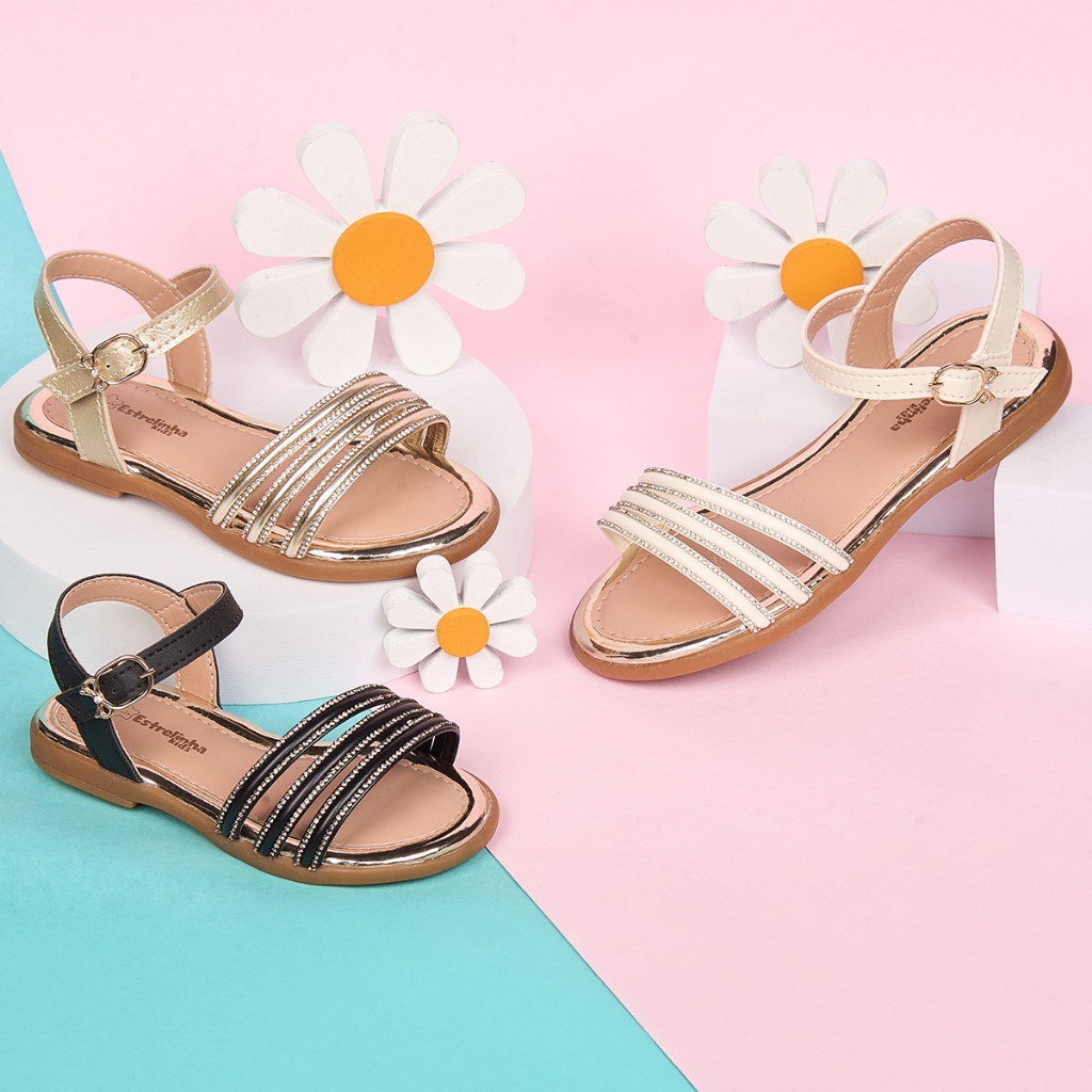 Sandália Infantil Menina Strass Tiras Finas Fivela Laço Confortável Leve Delicada Festa Verão