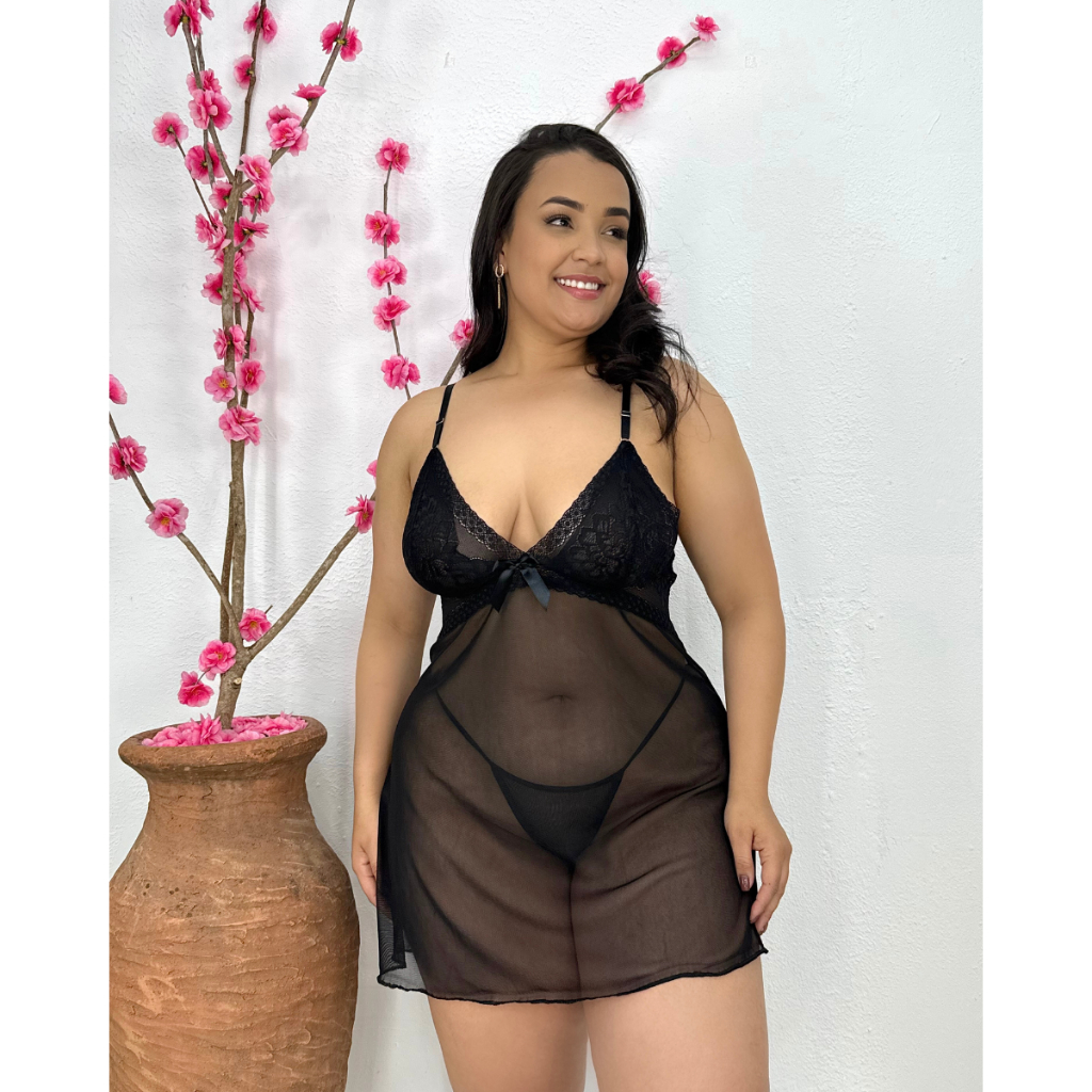 Camisola Plus Size Decote Nas Costas Tule Detalhe Renda Feminino em Oferta na Shopee