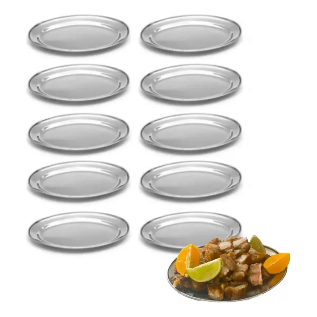 Kit 10 Bandeja Oval Travessa Inox Restaurante Porção Atacado 21 cm 25 cm 30 cm em Oferta na Shopee
