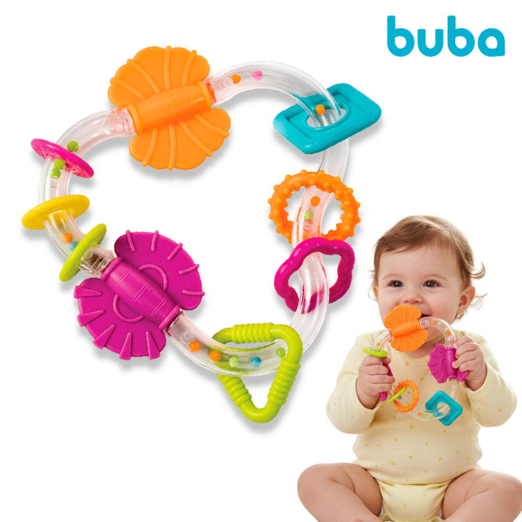 Buba Chocalho de Atividades para bebês com Mordedor Sensorial +3m – Cores Vibrantes e Texturas