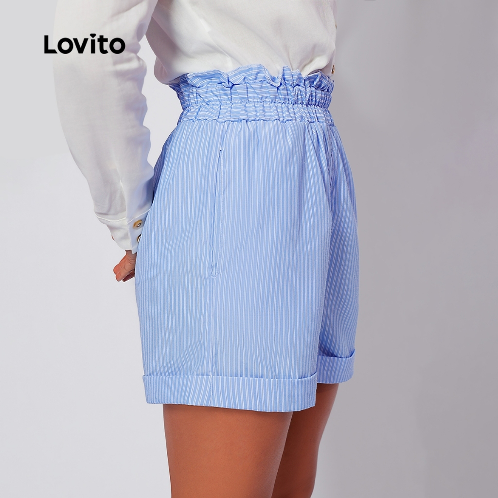 Lovito Shorts Feminino Moda Azul Cós Franzido Listrado SHB252BRL281 em Oferta na Shopee