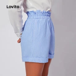 Lovito Shorts Feminino Moda Azul Cós Franzido Listrado SHB252BRL281