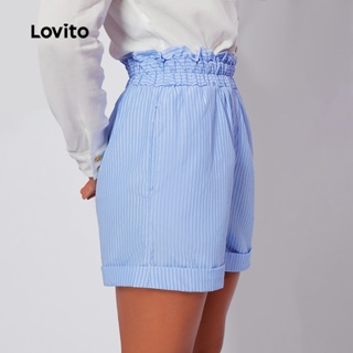 Lovito Shorts Feminino Moda Azul Cós Franzido Listrado SHB252BRL281 em Oferta na Shopee