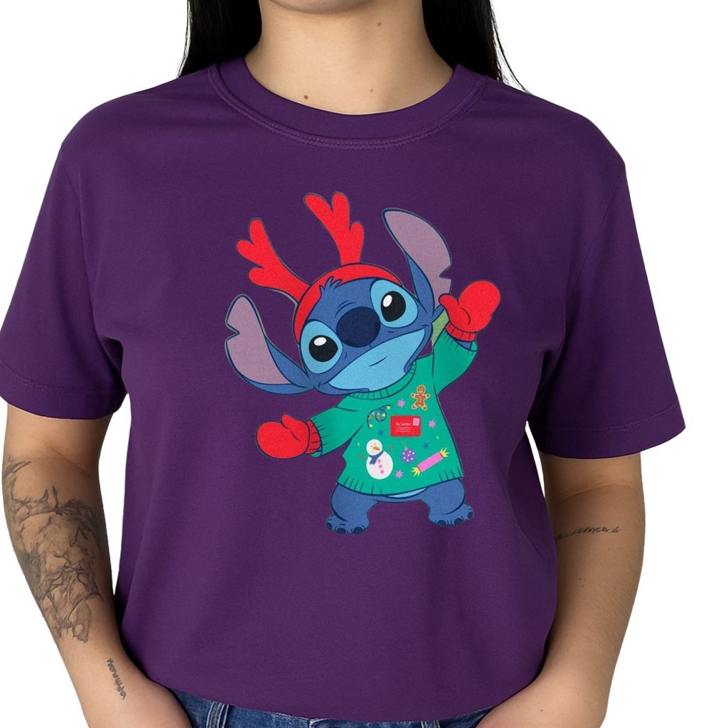 Camiseta Larga Feminina de Natal Stitch Lilo Stitch Roupas Natalinas Dezembro Festas