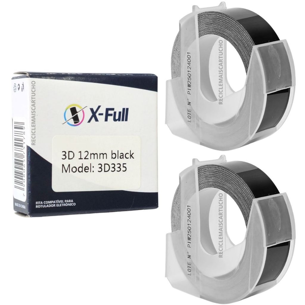 2 Fita Preta Vinil Compatível Dymo Rotulador Manual 3D335 12mm Alto Relevo X-full