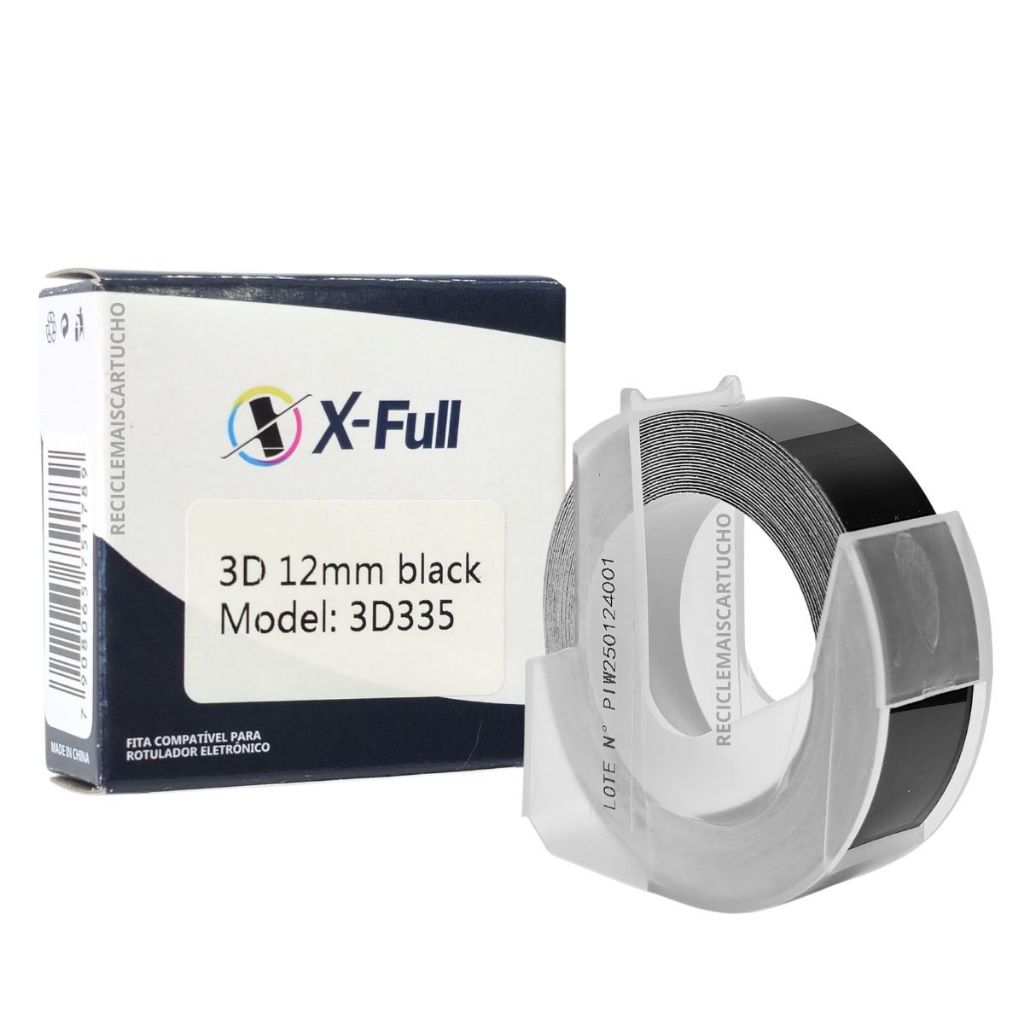 Fita Vinílica Preta Vinil Compatível Dymo Rotulador Manual 3D335 12mm Alto Relevo X-full