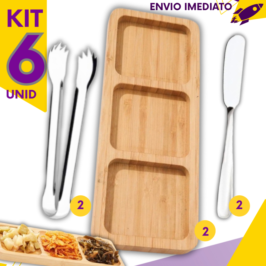 Combo 6 Petisqueira Bambu + Pegador Inox + Espátula inox Frios Queijo Salame Patê Petiscos Frutas