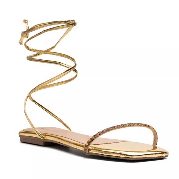 Sandália Feminina Rasteirinha Gladiadora Com Strass Dourada De Amarrar Na Perna Macia Confortável Tendência de Verão