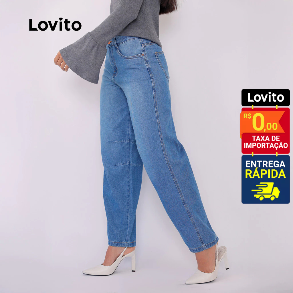 Detalhes do Lovito Calça Jeans Mom Casual Moda Cintura Alta Lisa para Mulheres JNB902BRL932