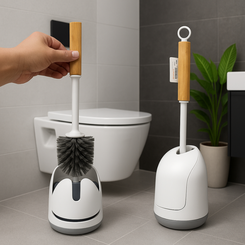 Escova Sanitária  Moderna em Silicone Com Bambu + Gancho Fixa Sem Furo