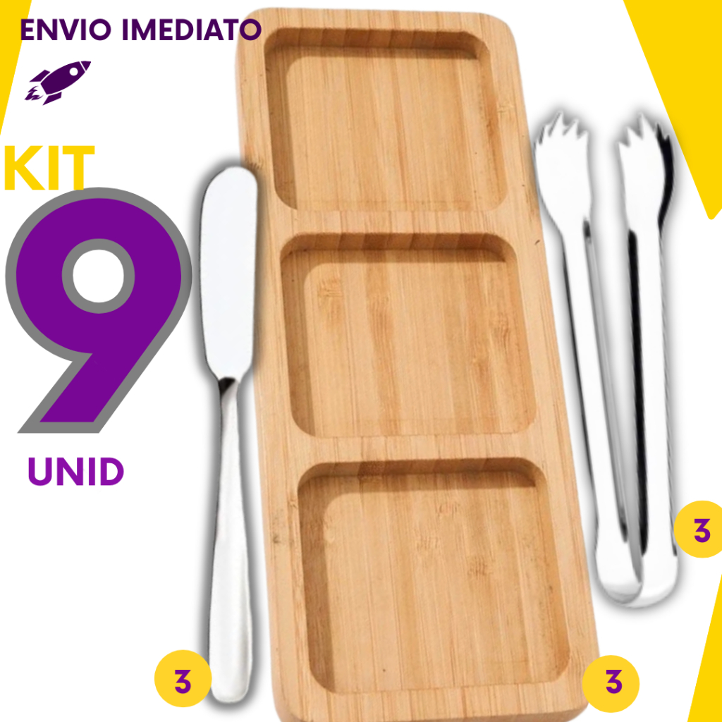 Combo 9 Petisqueira Bambu + Pegador Inox + Espátula inox Frios Queijo Salame Patê Petiscos Frutas