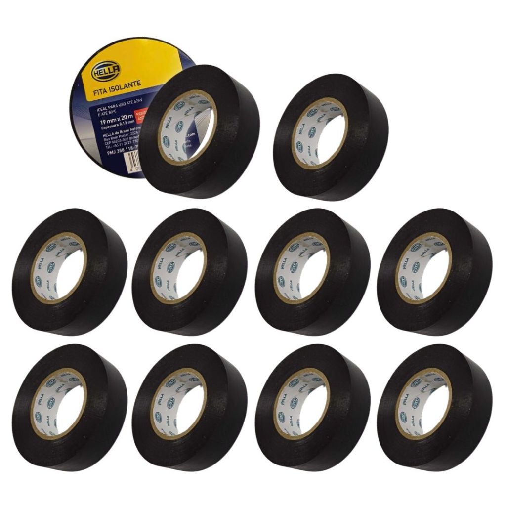 Kit 10 Fita Isolante 20 Metros 19mm Resistente Fogo Graxa Umidade Fita Isolante 20m 19mm Hella em Oferta na Shopee