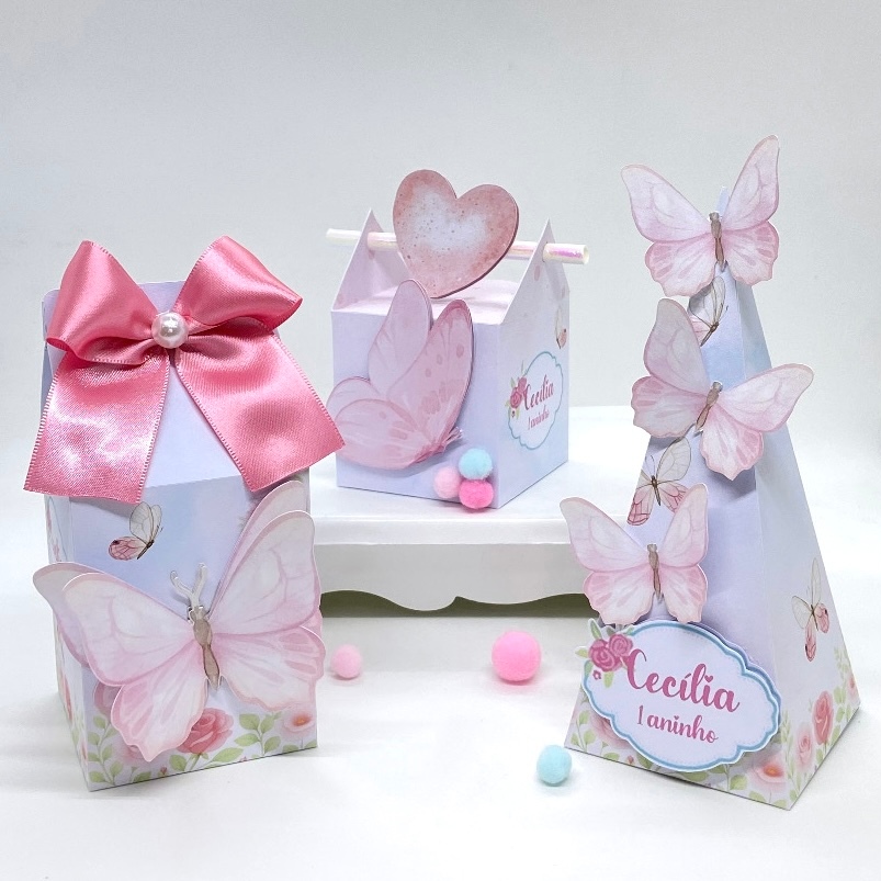 Kit Festa Jardim Encantado das Borboletas Personalizado/ Lembrancinhas /Festa/ Decoração/ Caixa Milk/ Pirâmide
