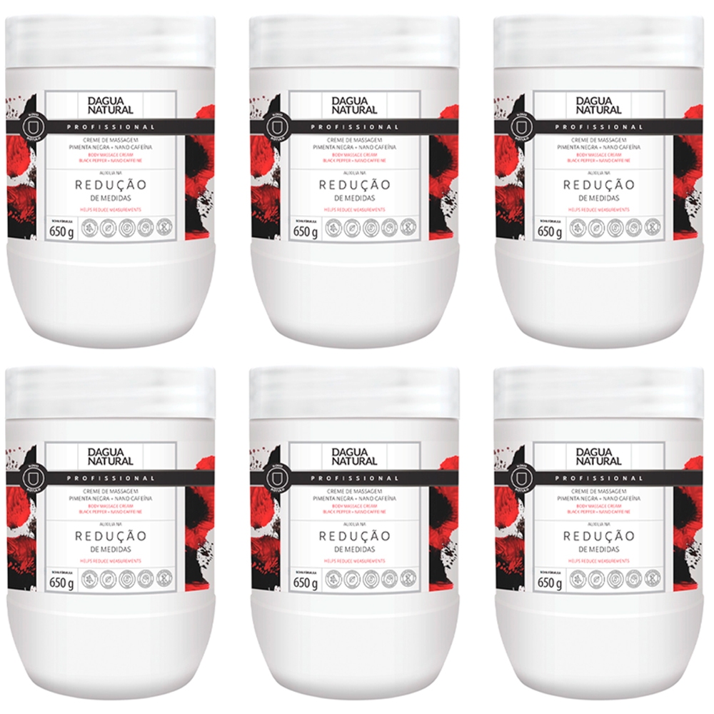 Kit 6 Potes Creme de Massagem Dagua Natural Pimenta Negra 650g Redução de Medidas e Celulite