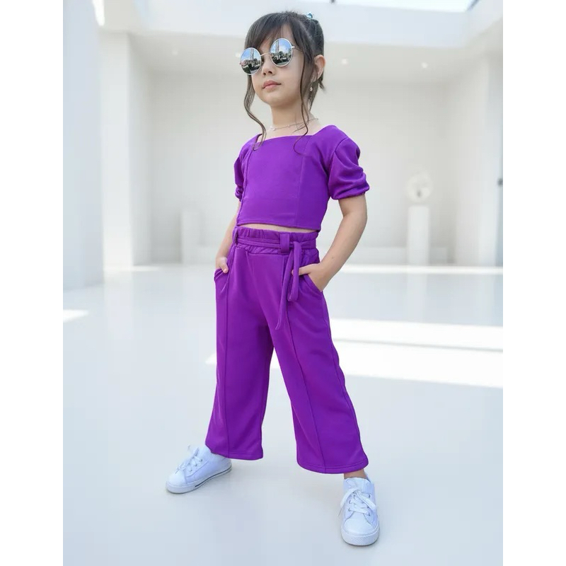 Conjunto Infantil Feminino Calça Bolso Cinto Cropped Menina Juvenil Pantalona Malha Algodão