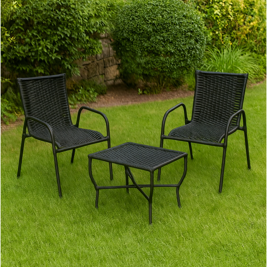 Kit 2 Cadeiras e Mesa Varanda Jardim Junco Sintético Resistente Area Externa Proteção Chuva/Sol