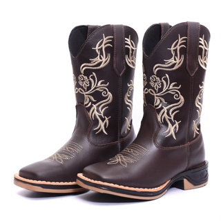 Bota Texana Feminina Tribal Flores Bege Country Em Couro Sola Jump Lançamento em Oferta na Shopee