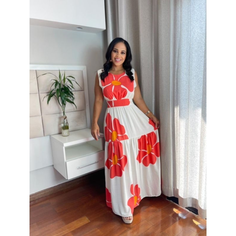 Vestido Feminino Longo Estampado Floral Elástico Na Cintura Soltinho Verão Casual Elegante Estampa De Flor Fresquinho