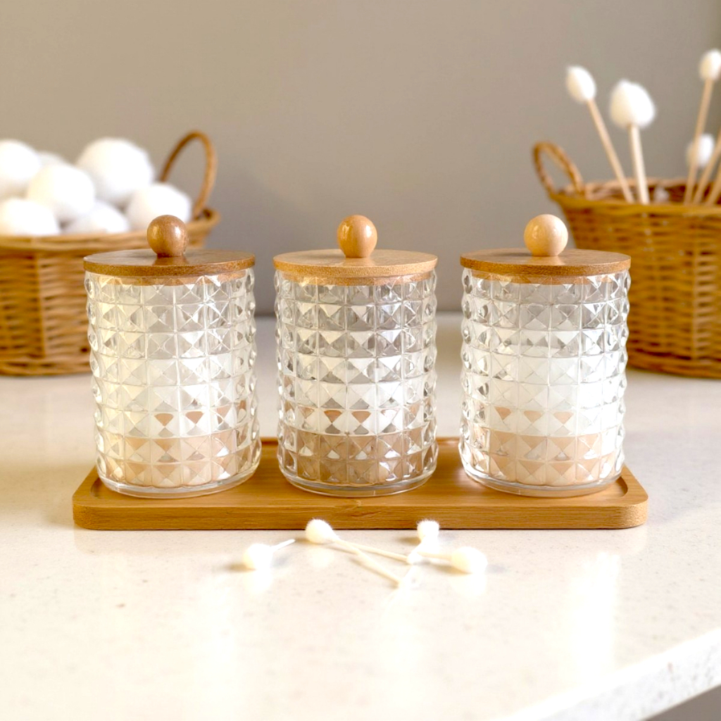 Organizador Porta Algodão Disco Cotonetes Maquiagem Com bandeja Bambu Kit 4 Peças