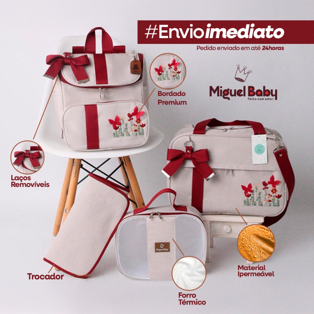 Kit Bolsas Maternidade Linho 4 peças Super Luxo para bebê Matérial Térmico e Impermeável