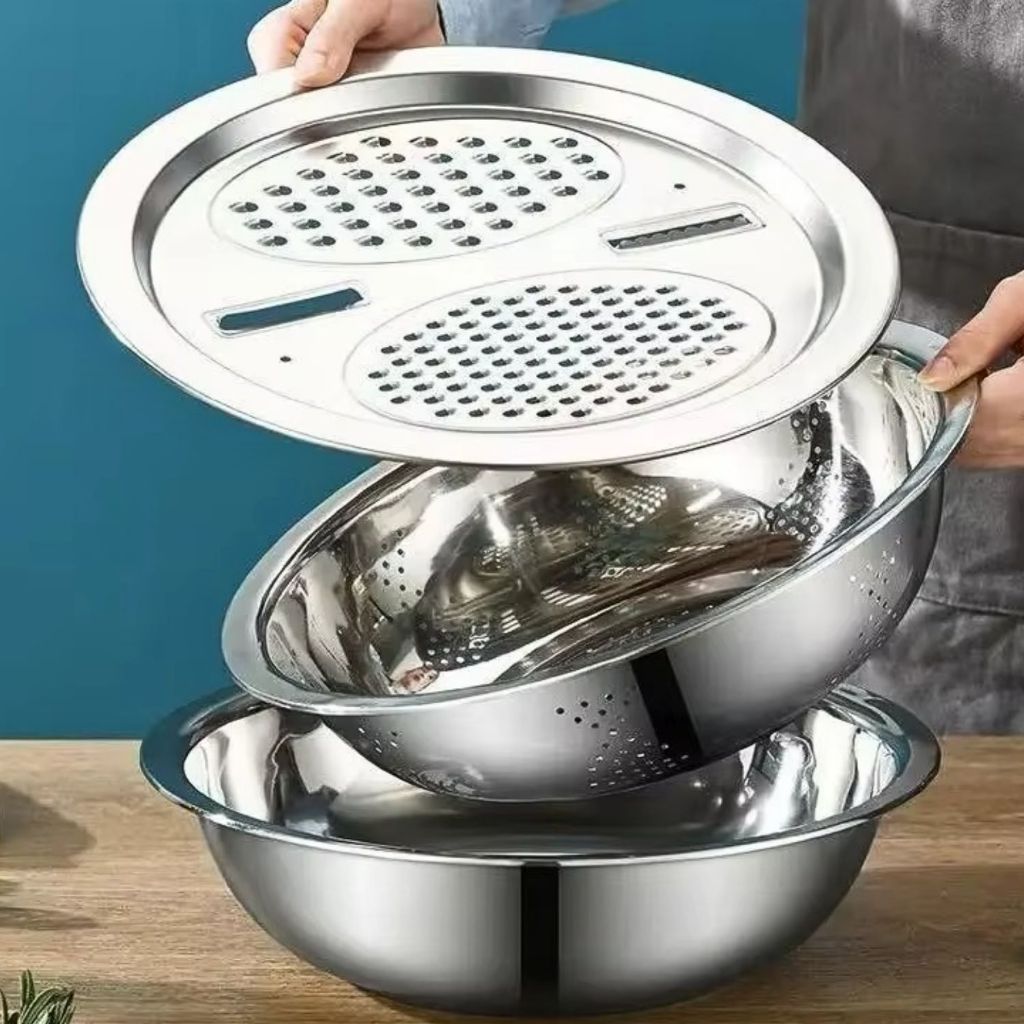 Kit 4 Em 1 Ralador Fatiador Bacia Inox Tigela Saladeira Escorredor