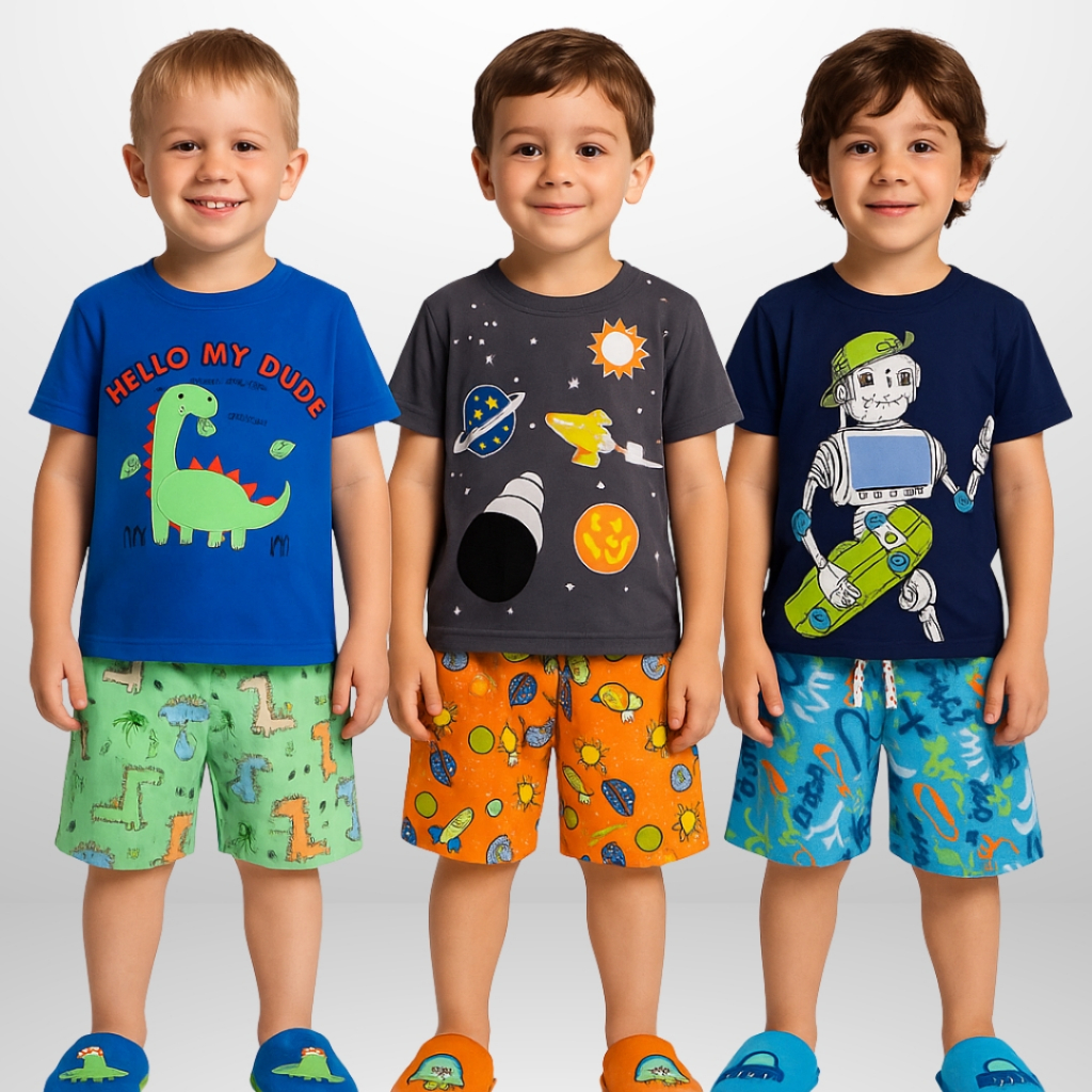Conjunto Masculino Infantil Short e Blusa Sortido Confortável Fresco Ideal Para o Dia a Dia Tecido Premium Algodão