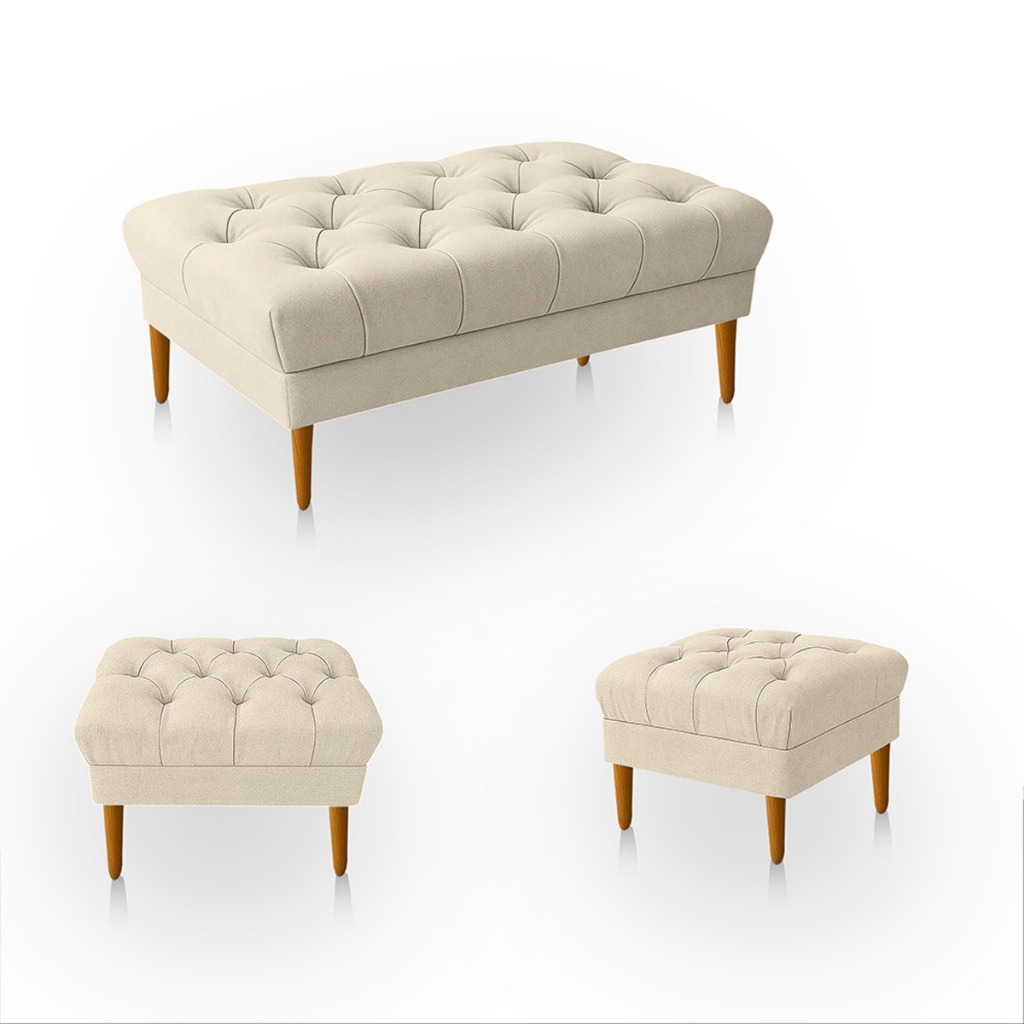 Kit 3 Puff Retrô Luiz XV Capitonê Retangular Estofado Decorativo Sala de Estar Closet Suede