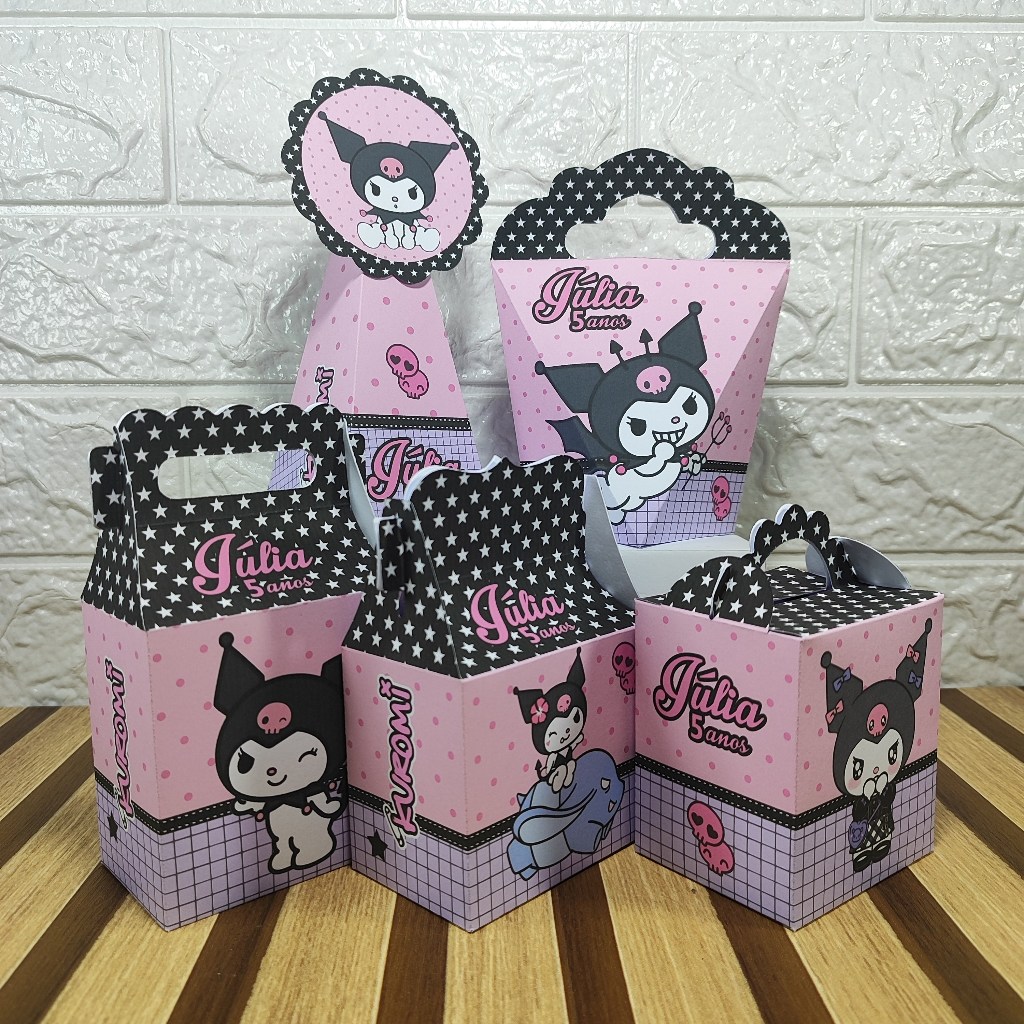 Kit Caixinhas Papelaria Personalizada Kuromi Hello Kitty Lembrancinha Surpresa aniversário festa infantil Desmontado