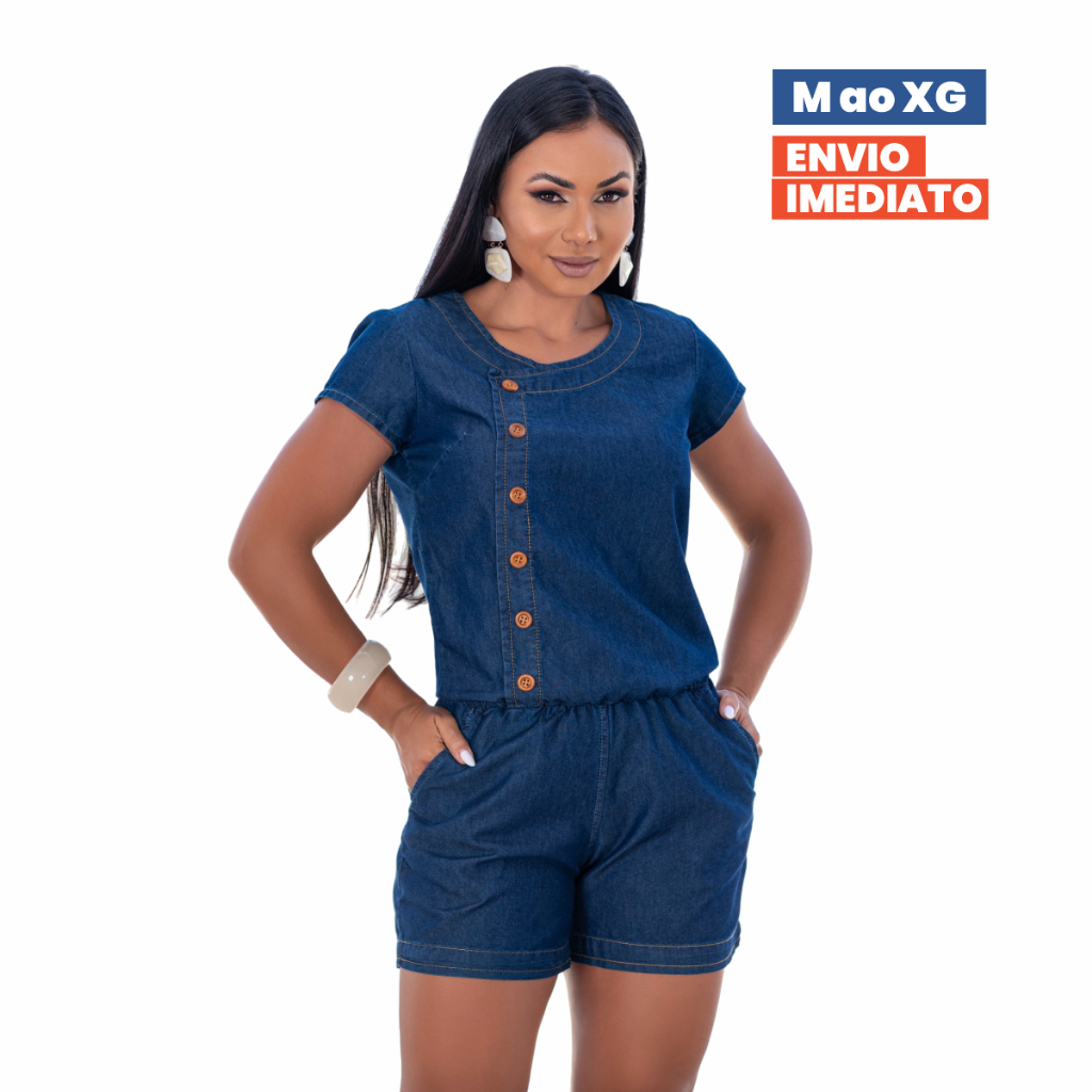 Macaquinho Macaquito Jeans Feminino Soltinho Curto com Zíper Bolso Manga e Elástico Cintura M ao XG