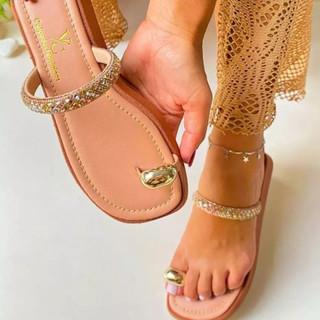 Melhor Sandália Rasteira Rasteira Feminina Luxo Minimalista com Strass Atemporal