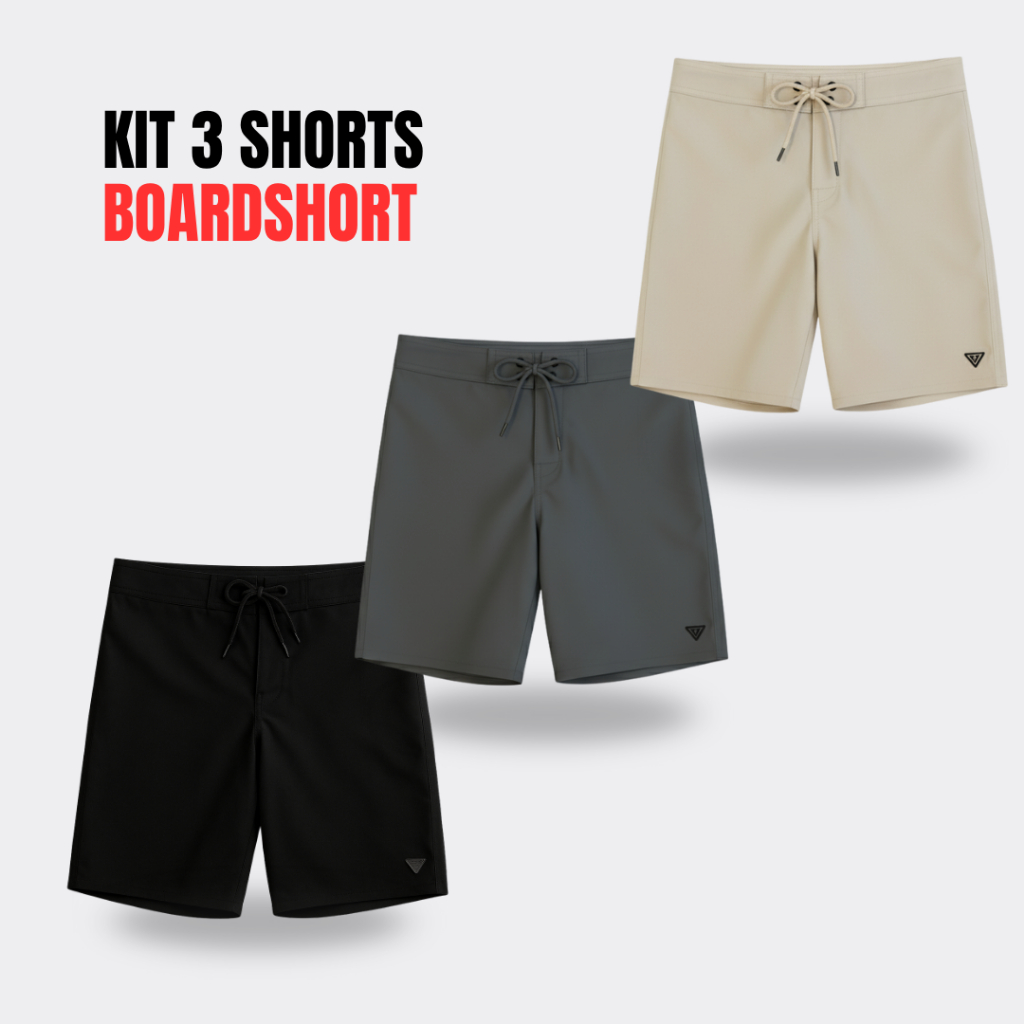 Kit 3 Boardshort Masculino Tactel Liso Surf Praia Academia Treino