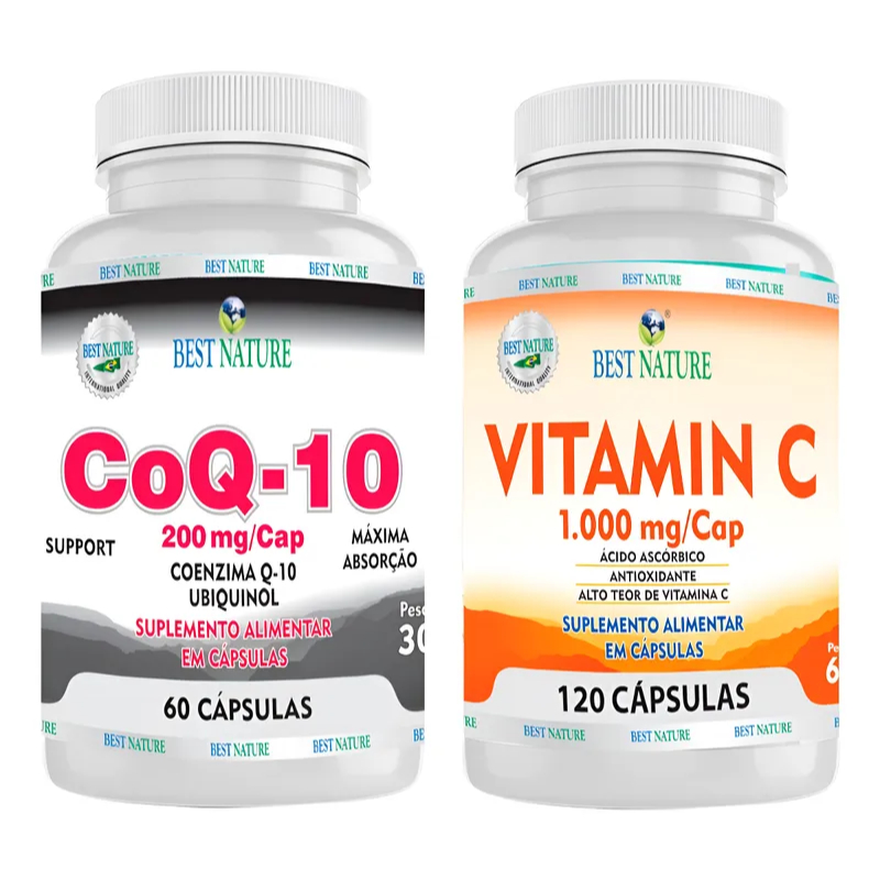 Combo CoQ-10 Ubiquinol 200mg 60 Caps + Vitamina C 1000mg 120 Caps Potência Antioxidante