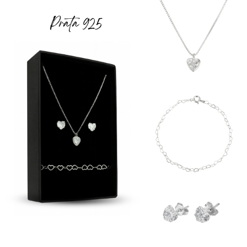Kit Colar Ponto de Luz Coração + Brinco + Pulseira Elo Corações Prata 925 Presenteavel Amigo Secreto