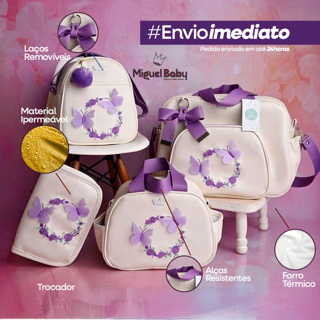 Kit bolsa Maternidade com Porta Cartão Vacina 3d borboleta Luxo 4 peças em Oferta na Shopee