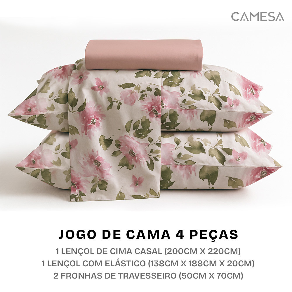 Detalhes do Jogo De Cama Lençol Casal 4 Peças 150 Fios Antialérgico Camesa - Emcompre