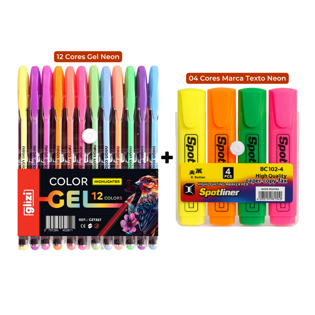 Kit Glizi Neon 12 Canetas Gel Neon + 4 Marca Texto Neon em Oferta na Shopee