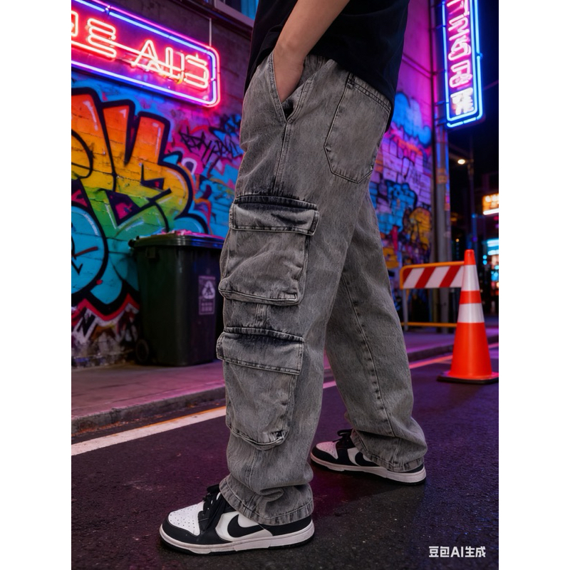 Calça Cargo Masculina Jeans Cinza Lavado Streetwear com 8 Bolsos Grandes Elástico na Cintura em Oferta na Shopee