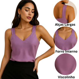 Regata Feminina Alça Larga Viscolinho Decote V – Básica, Fresca e Elegante para o Verão em Oferta na Shopee