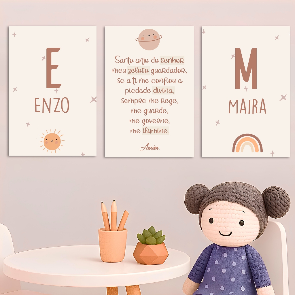 Kit 3 Quadros Decorativos Infantil Personalizado Nome Bebê Para Quarto Ou Porta Maternidade Astros Irmãos