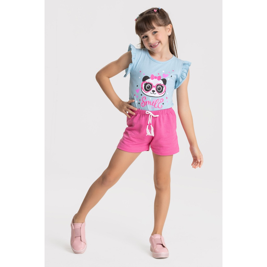 Conjunto Infantil Menina Estampado Panda - Camiseta com Babado + Shorts Rosa 2 ao 14 anos
