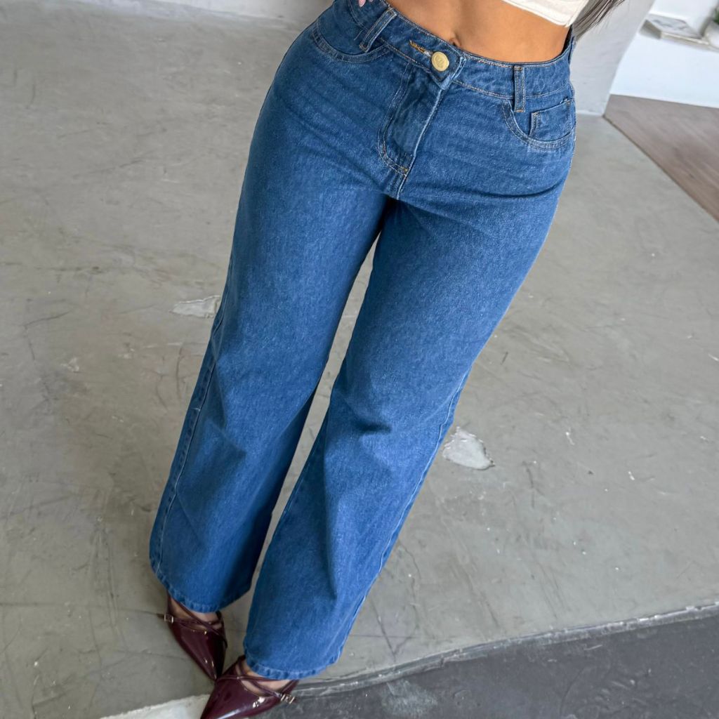 Calça Jeans Feminina Wide Leg Clara Cintura Alta Tecido Grosso Pantalona Linha Premium 100% Algodão Levanta Bumbum
