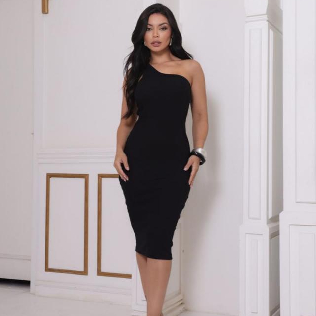 Vestido Feminino Midi Mula Manca  Preto Elegante Casual Confortável Tendência Versatil Qualidade