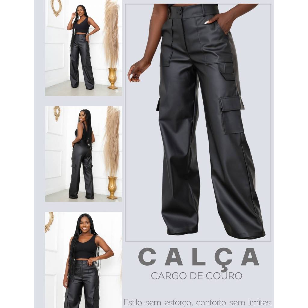 Calça Feminina Wide Leg Cargo Couro Elegante Cintura Alta Com Bolsos Reais Tendência Viralizada em Oferta na Shopee